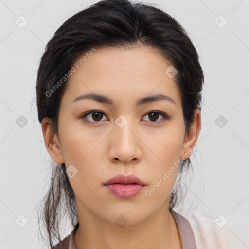 Neutral asian young-adult female with medium  brown hair and brown eyes