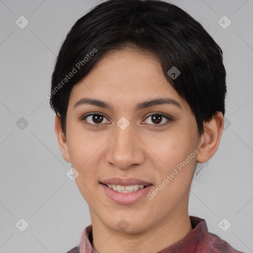 Joyful asian young-adult female with medium  brown hair and brown eyes