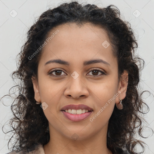 Joyful latino young-adult female with long  brown hair and brown eyes