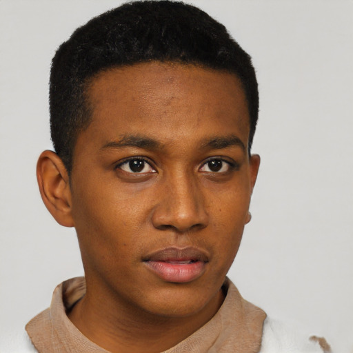 Neutral black young-adult male with short  black hair and brown eyes