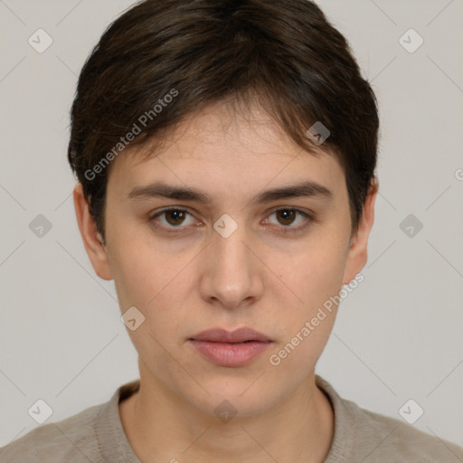 Neutral white young-adult female with short  brown hair and brown eyes