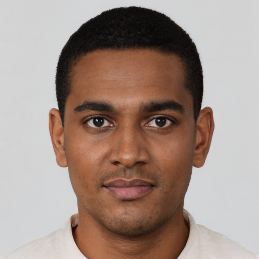 Neutral black young-adult male with short  black hair and brown eyes