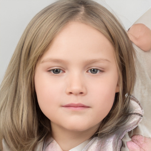 Neutral white child female with medium  brown hair and grey eyes