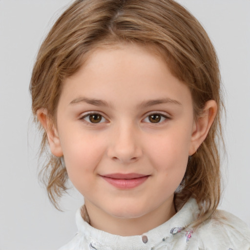 Joyful white child female with medium  brown hair and brown eyes