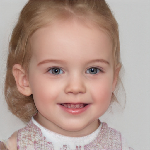 Joyful white child female with medium  brown hair and blue eyes