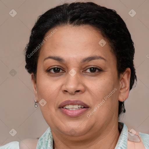 Joyful latino adult female with short  brown hair and brown eyes