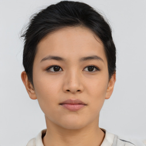 Neutral asian young-adult female with short  brown hair and brown eyes