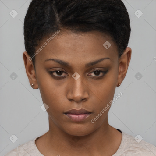 Neutral black young-adult female with short  brown hair and brown eyes