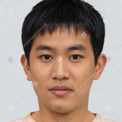 Neutral asian young-adult male with short  black hair and brown eyes