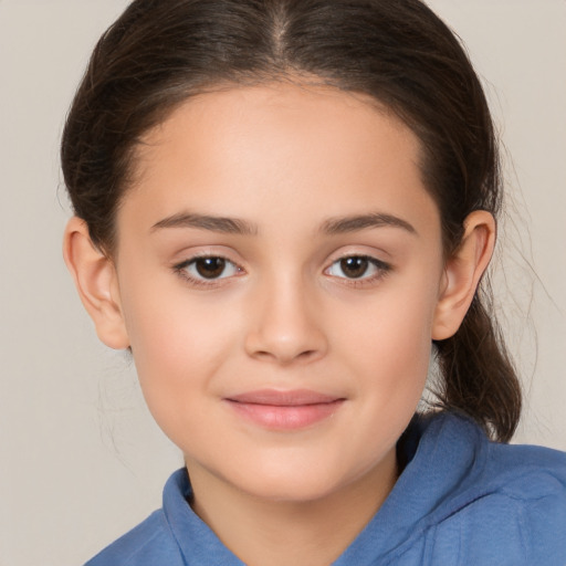 Joyful white child female with medium  brown hair and brown eyes