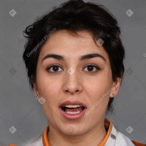 Joyful white young-adult female with medium  brown hair and brown eyes