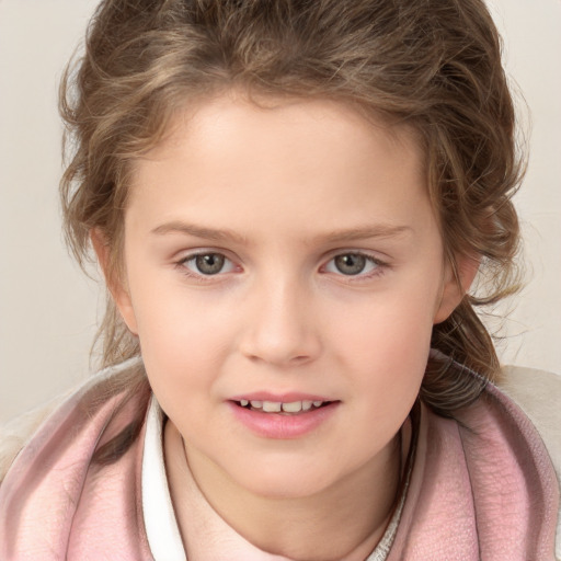 Joyful white child female with medium  brown hair and grey eyes