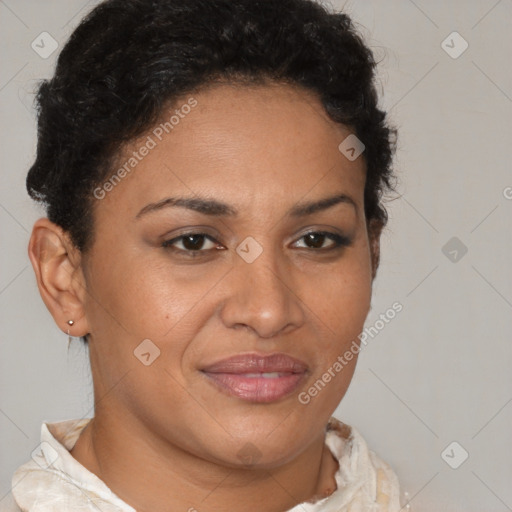 Joyful latino young-adult female with short  brown hair and brown eyes