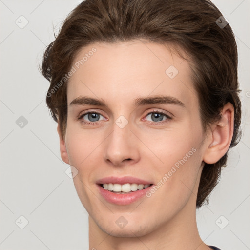 Joyful white young-adult female with medium  brown hair and green eyes