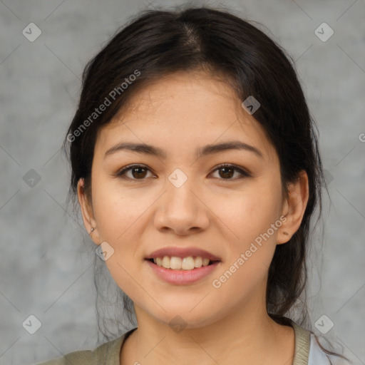 Joyful white young-adult female with medium  brown hair and brown eyes