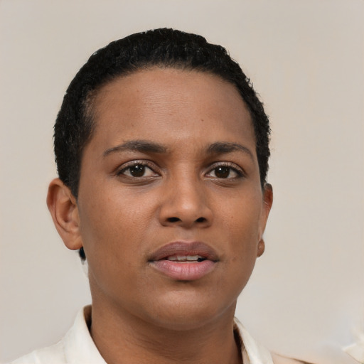 Neutral black young-adult female with short  black hair and brown eyes