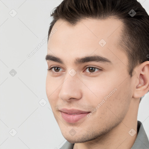 Neutral white young-adult male with short  brown hair and brown eyes