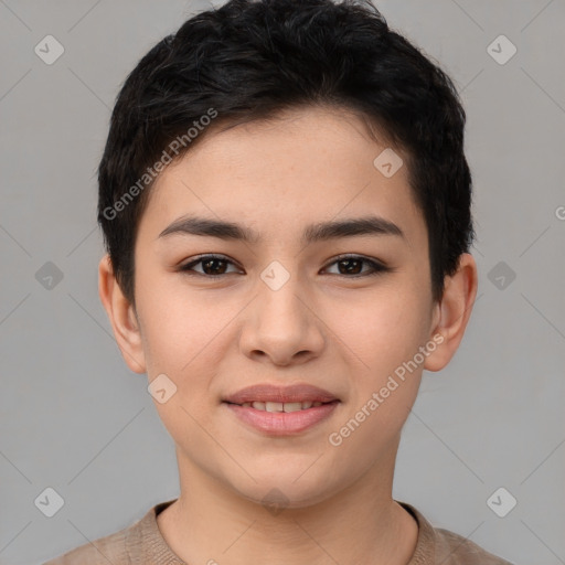 Joyful asian young-adult female with short  brown hair and brown eyes