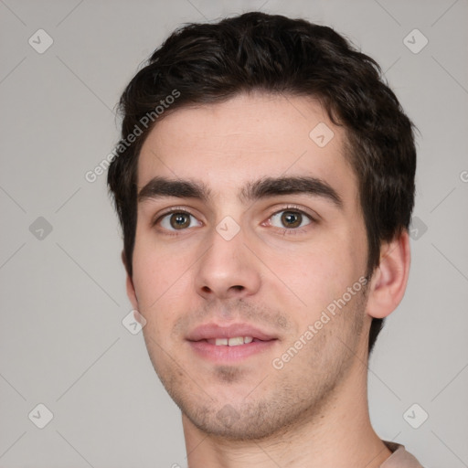 Neutral white young-adult male with short  brown hair and brown eyes