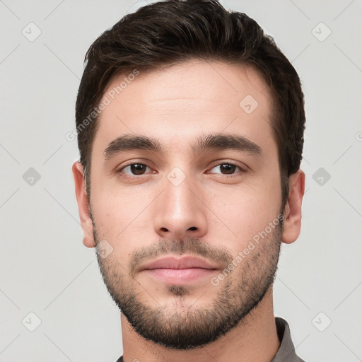 Neutral white young-adult male with short  brown hair and brown eyes