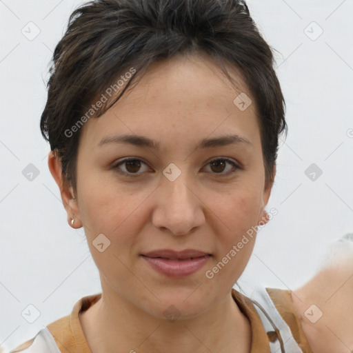 Joyful white young-adult female with medium  brown hair and brown eyes