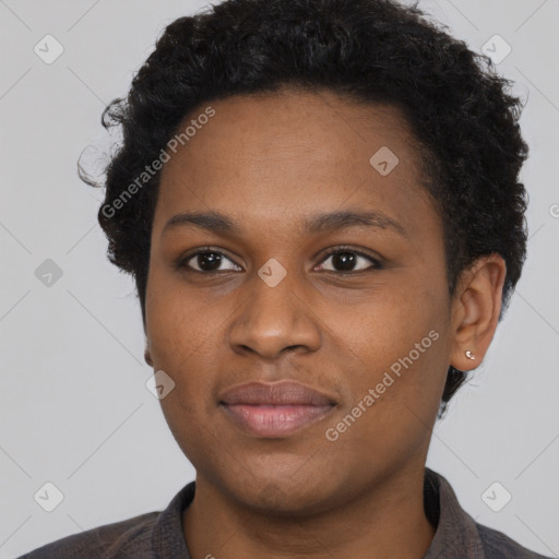 Neutral black young-adult female with short  black hair and brown eyes