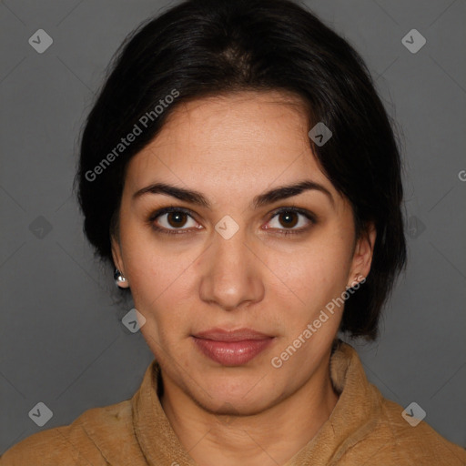 Neutral white young-adult female with medium  brown hair and brown eyes