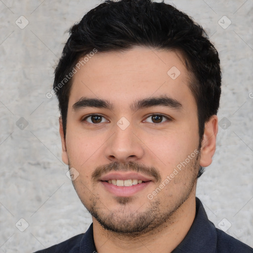 Neutral white young-adult male with short  black hair and brown eyes