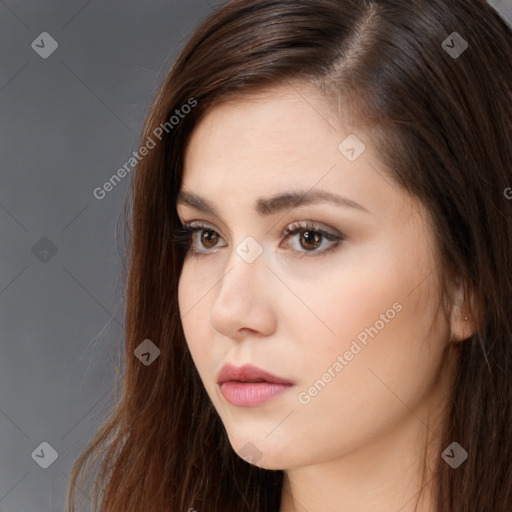 Neutral white young-adult female with long  brown hair and brown eyes