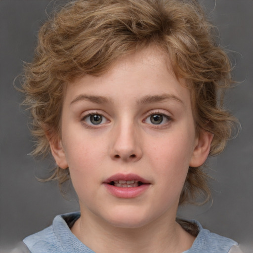 Neutral white child female with medium  brown hair and blue eyes