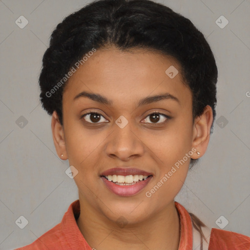 Joyful latino young-adult female with short  brown hair and brown eyes