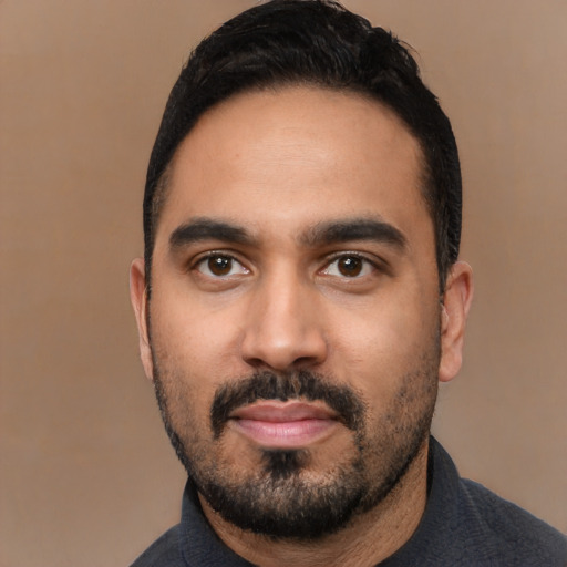 Neutral latino young-adult male with short  black hair and brown eyes
