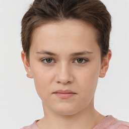 Neutral white young-adult female with short  brown hair and brown eyes