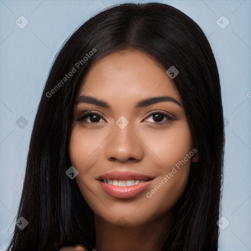 Joyful latino young-adult female with long  black hair and brown eyes