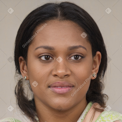 Joyful latino young-adult female with medium  brown hair and brown eyes