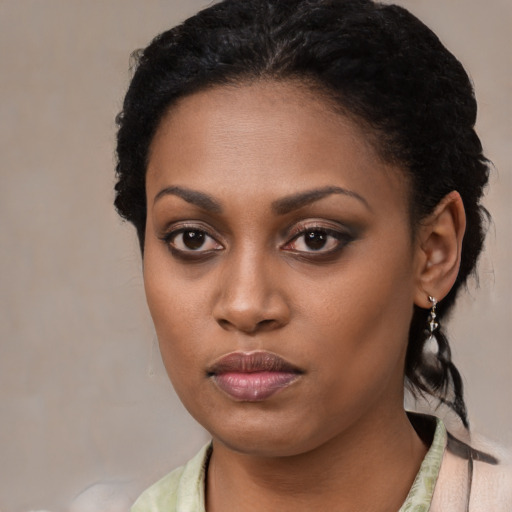Neutral black young-adult female with long  black hair and brown eyes