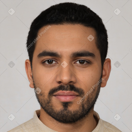 Neutral latino young-adult male with short  black hair and brown eyes