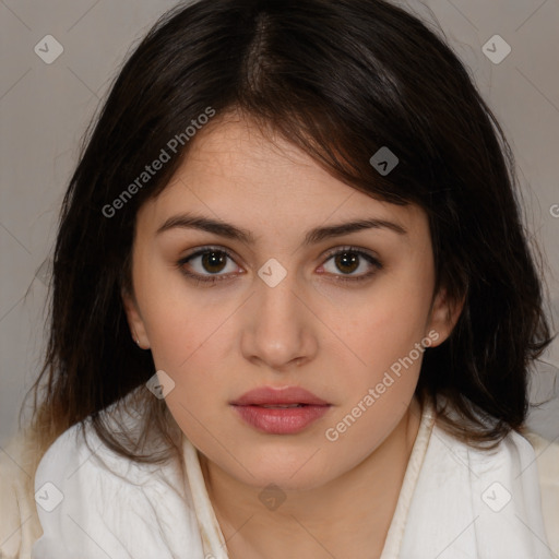 Neutral white young-adult female with medium  brown hair and brown eyes