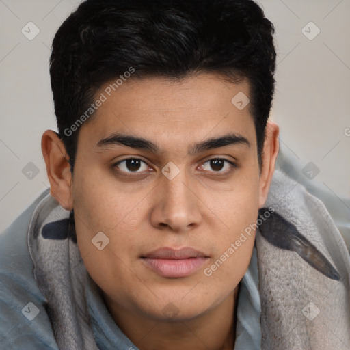 Joyful latino young-adult male with short  brown hair and brown eyes