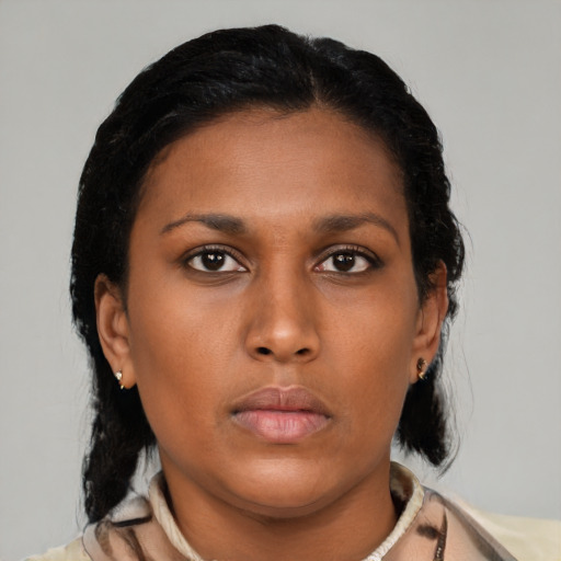 Neutral asian young-adult female with medium  black hair and brown eyes