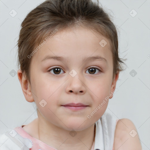 Joyful white child female with short  brown hair and brown eyes