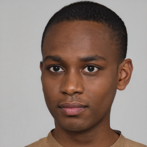 Neutral black young-adult male with short  black hair and brown eyes