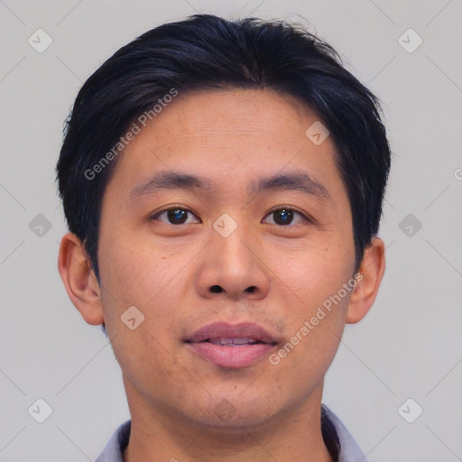 Neutral asian young-adult male with short  brown hair and brown eyes