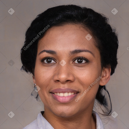 Joyful black young-adult female with medium  black hair and brown eyes