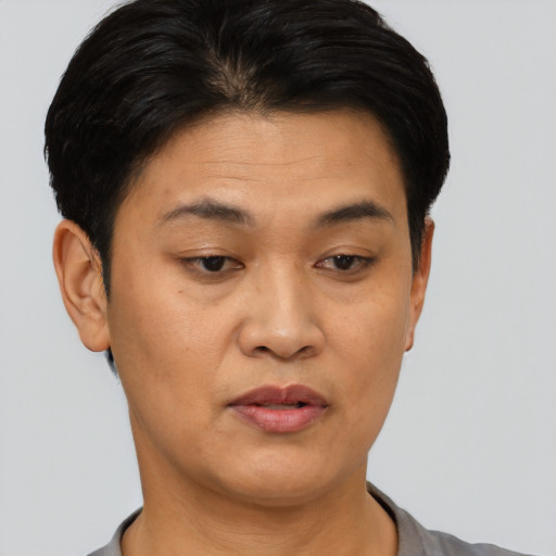 Joyful asian young-adult female with short  black hair and brown eyes