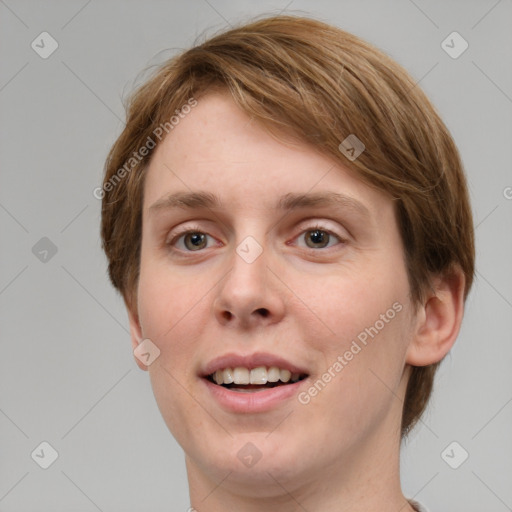 Joyful white young-adult female with short  brown hair and grey eyes