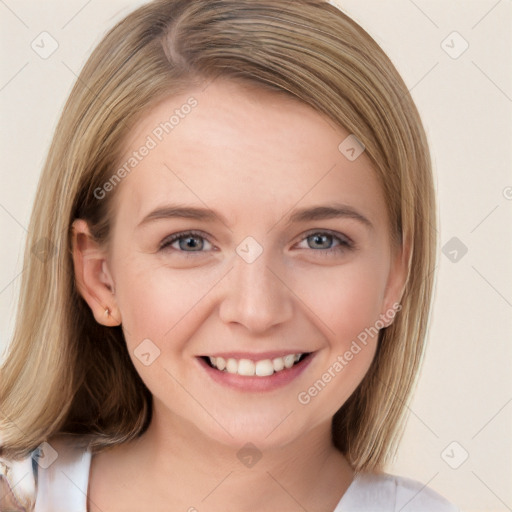 Joyful white young-adult female with medium  brown hair and blue eyes