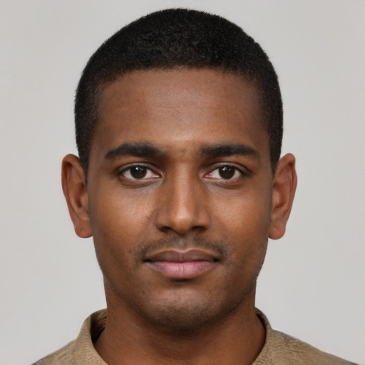 Neutral black young-adult male with short  black hair and brown eyes