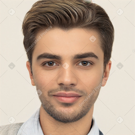 Neutral white young-adult male with short  brown hair and brown eyes