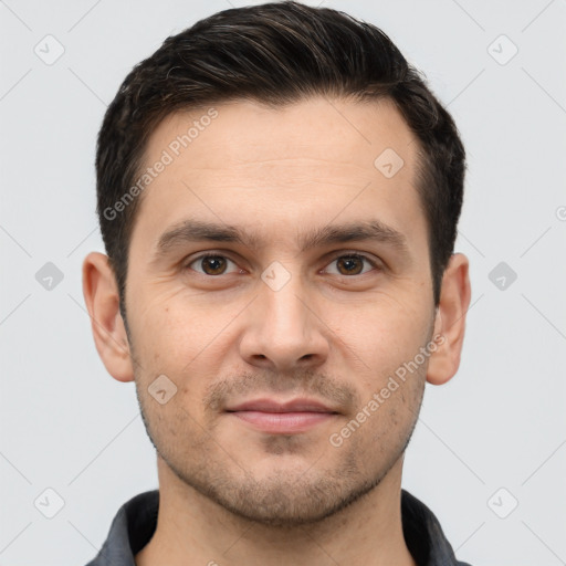 Joyful white young-adult male with short  brown hair and brown eyes